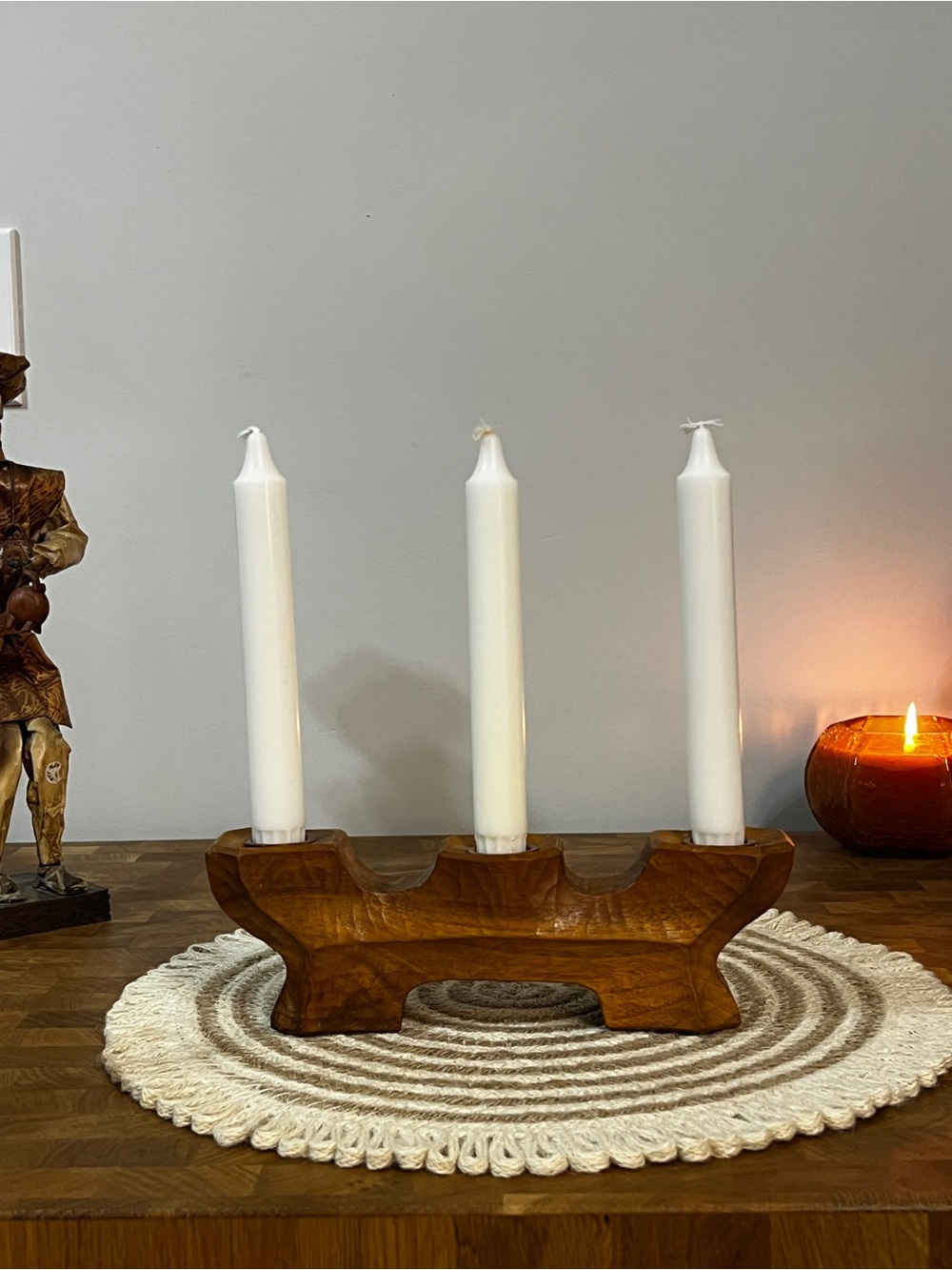 Antique Vintage Handmade Wooden Double / Triple Taper Candle Holder